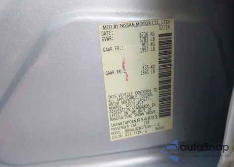 2014 Nissan Sentra Fe+ S/Fe+ Sv/S/Sl/Sr/Sv из США, поврежденный, VIN 1N4AB7AP0EN854893